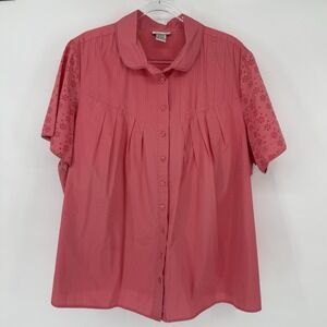 Chelsea Studio Womens Button Up Blouse Coral Eyelet Short Sleeve 28W 100% Cotton